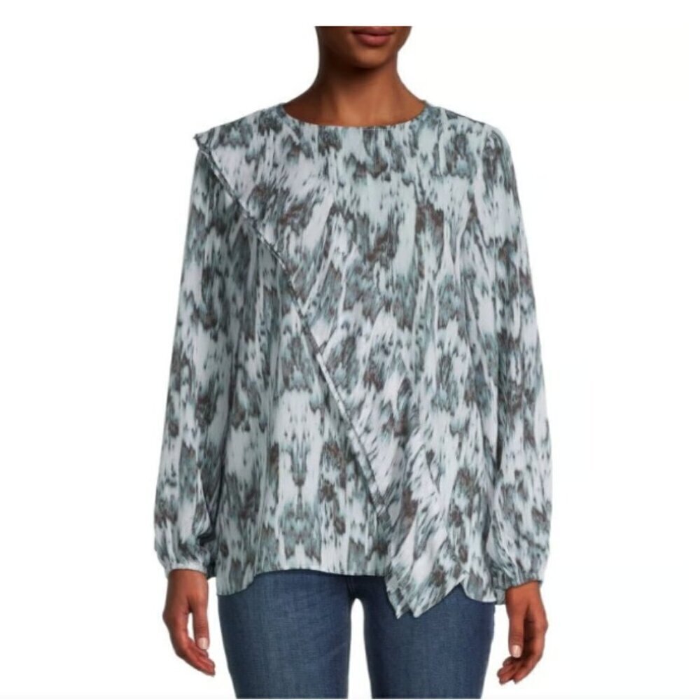 HALSTON Ruffle Blouse Size Medium Blue Ikat Print Womens Tunic Top